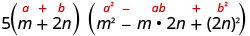 Mathematical expression 5(m+2n)(m²-m*2n+(2n)²), illustrating the sum of cubes factorization. Variables 'a' and 'b' (m and 2n respectively) are highlighted in red.